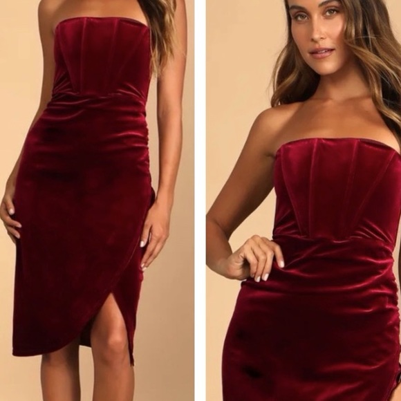 Lulus Dresses & Skirts - ❤️Lulus Glamorous Celebrations Wine Red Velvet Strapless Tulip Dress Medium